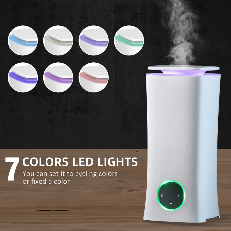 HOMCOM 2L Cool Mist Humidifier, Air Humidifier with 7-Colour Lights, 3 Mode, Auto Shut Off, 8-10 Working Hours for Home Bedroom, White