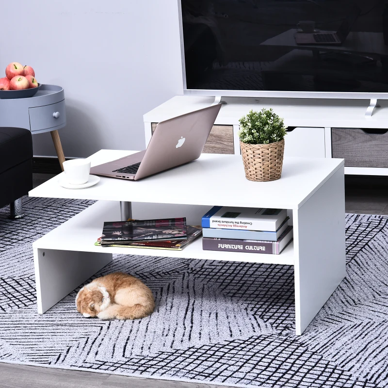 HOMCOM 2-Tier Coffee Table, Modern Living Room Table with Open Shelf, Centre Table with Metal Poles and Elevated Base, White