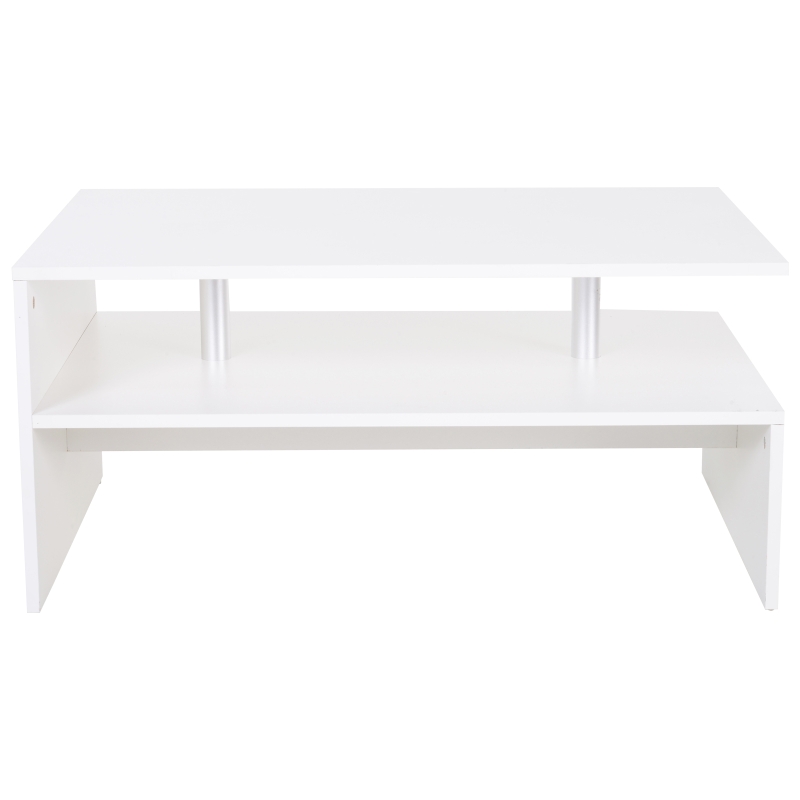 HOMCOM 2-Tier Coffee Table, Modern Living Room Table with Open Shelf, Centre Table with Metal Poles and Elevated Base, White