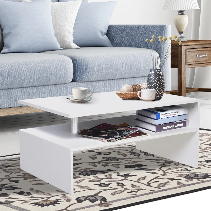 HOMCOM 2-Tier Coffee Table, Modern Living Room Table with Open Shelf, Centre Table with Metal Poles and Elevated Base, White