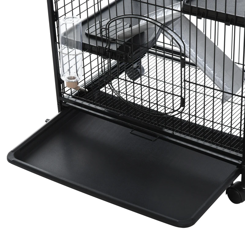 PawHut knaagdierkooi rolbare kooi voor kleine dieren 3-laags hamsterkooi met voerbak waterfles wielen bodempan meerdere deuren staal PP kunststof nylon zwart 64 x 43,5 x 93 cm