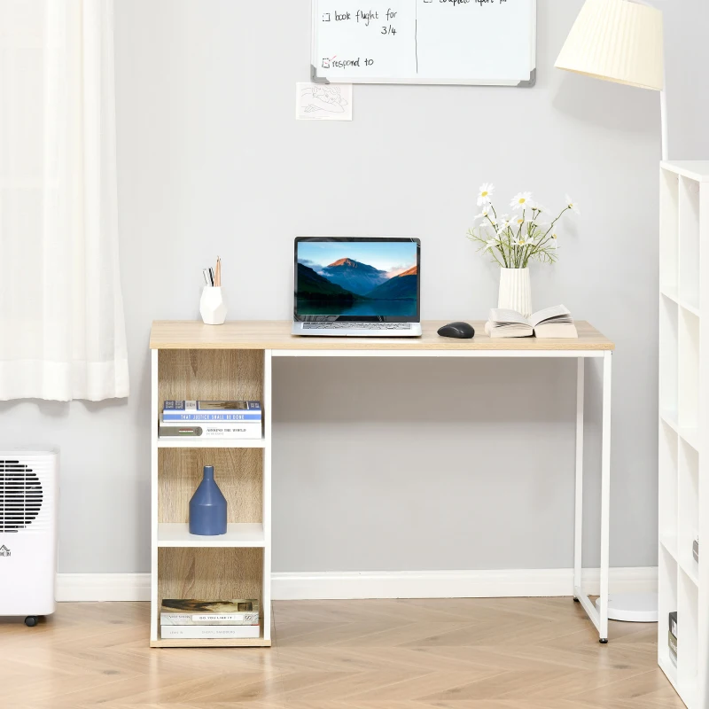 HOMCOM bureau boekenkast computer tafel bureau tafel met planken grote opbergruimte spaanplaat metaal eiken + wit 115 x 55 x 75 cm