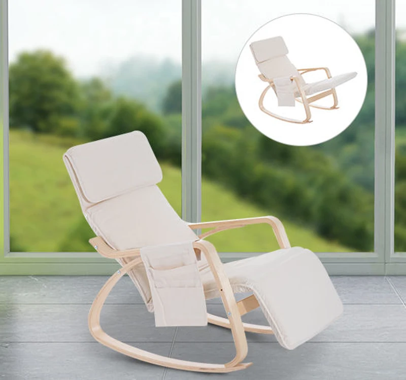 HOMCOM Rocking Chair W/Adjustable Footrest & Side Pocket-Beige