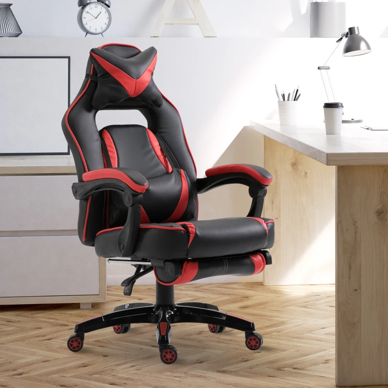 Vinsetto gaming chair bureaustoel draaistoel directiestoel met voetensteun rugleuning kussen verstelbaar kunstleer rood + zwart 65 x 64 x 114-123,5 cm