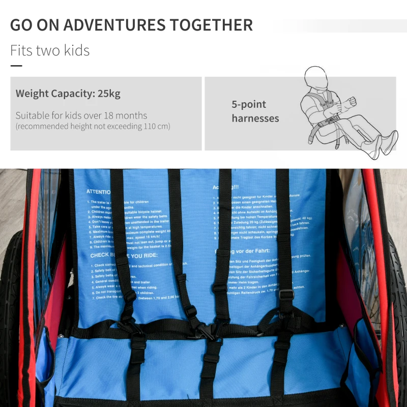 HOMCOM Child Bicycle Trailer Foldable Baby Carrier 2-Seat w/ Storage Bag Safety Harness