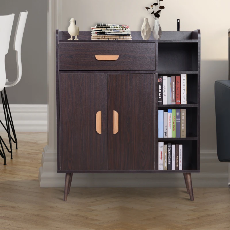 HOMCOM Hallway Side Cabinet Storage Unit Pine Wood, 80L x 29.5W x 96Hcm-Walnut