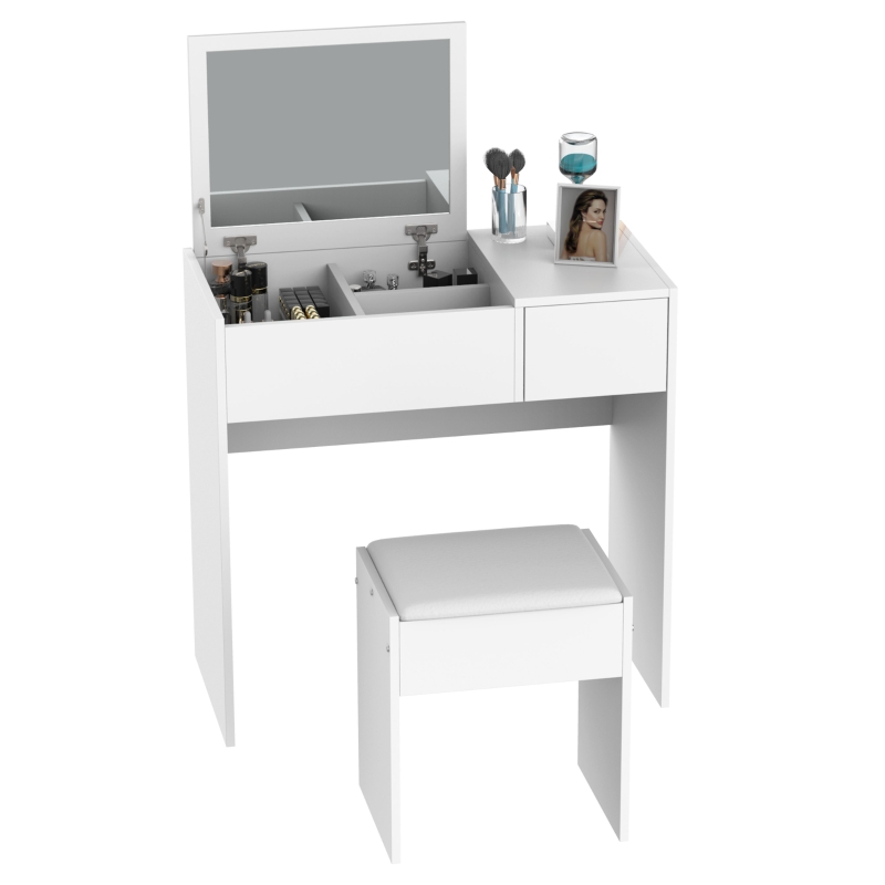 HOMCOM Dressing Table With Flip-up Mirror and Padded Stool-White
