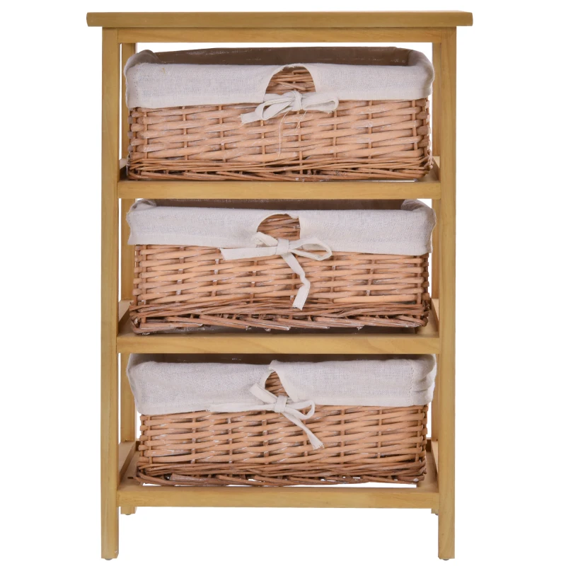 HOMCOM 3 Drawer Dresser Wicker Basket Storage Shelf Unit Wooden Frame Home Organisation Cabinet Bedroom Office Furniture Natural Finish