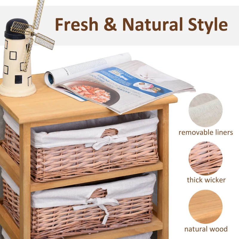 HOMCOM 3 Drawer Dresser Wicker Basket Storage Shelf Unit Wooden Frame Home Organisation Cabinet Bedroom Office Furniture Natural Finish