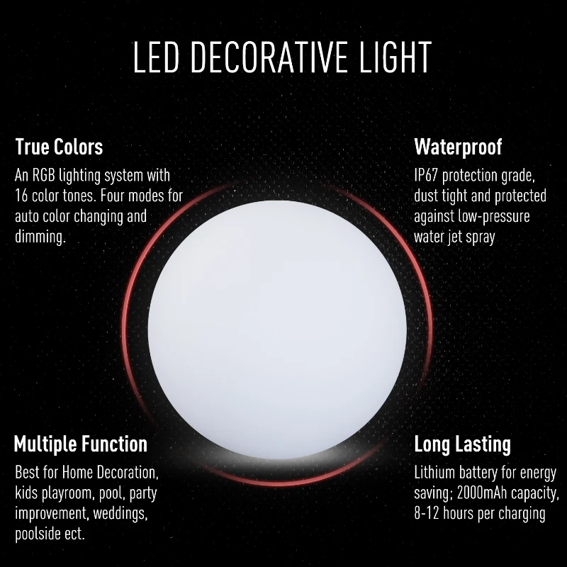 HOMCOM Ф30 x H29cm LED Ball Light 16 RGB Color Cordless Rechargeable Remote Control