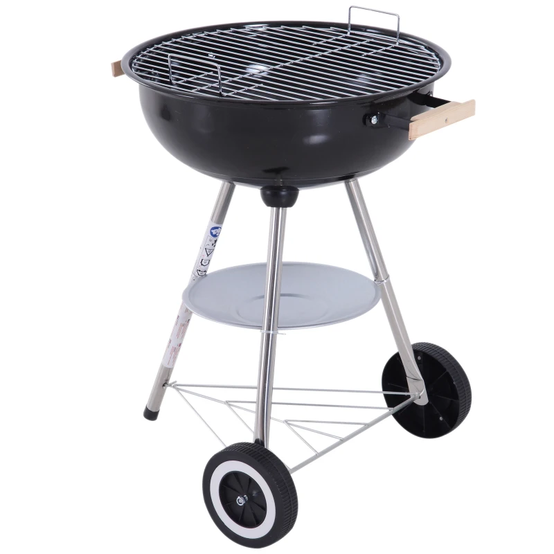 Outsunny Outdoor Portable Round Charcoal BBQ Grill with Wooden Handle, Bottom Shelves, Easy Cleaning for Party Patio