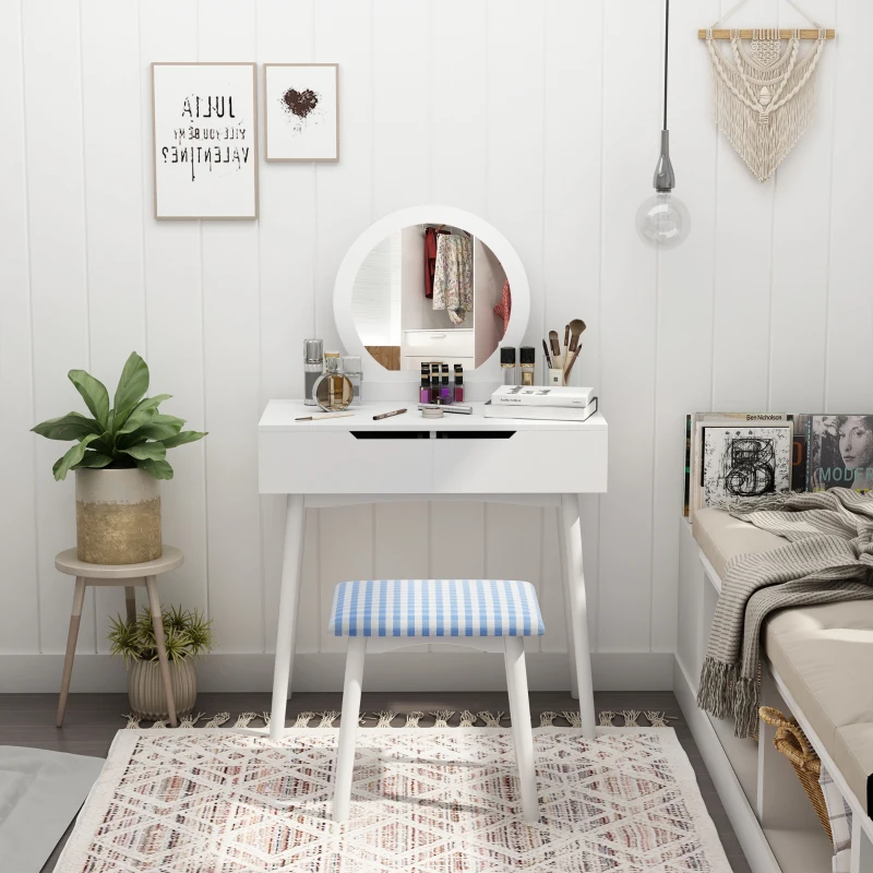 HOMCOM Pine Wood Dressing Table w/ Stool White/Oak