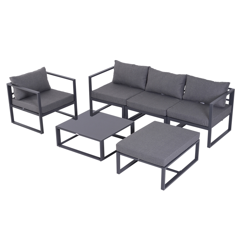 Outsunny 6pcs Garden Sectional Sofa Set Aluminum Frame Coffee Table Footstool w/ Cushions