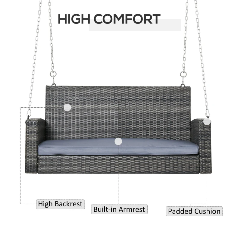 Outsunny 2 Seater Patio Rattan Swing Chair Hanging Chair Garden Loveseat Bench w/ Cushion