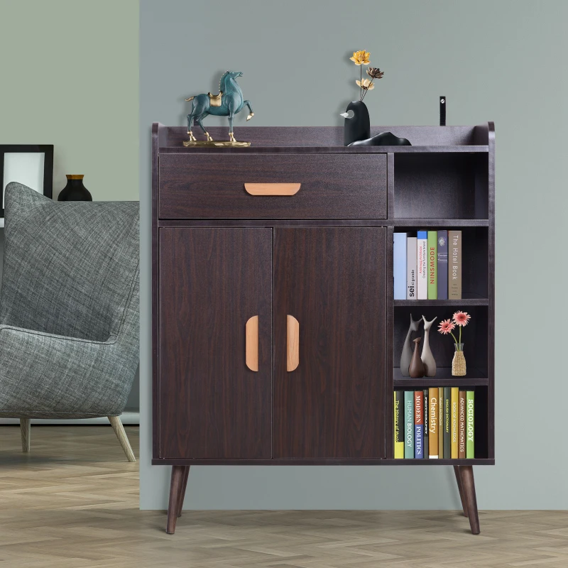 HOMCOM Hallway Side Cabinet Storage Unit Pine Wood, 80L x 29.5W x 96Hcm-Walnut
