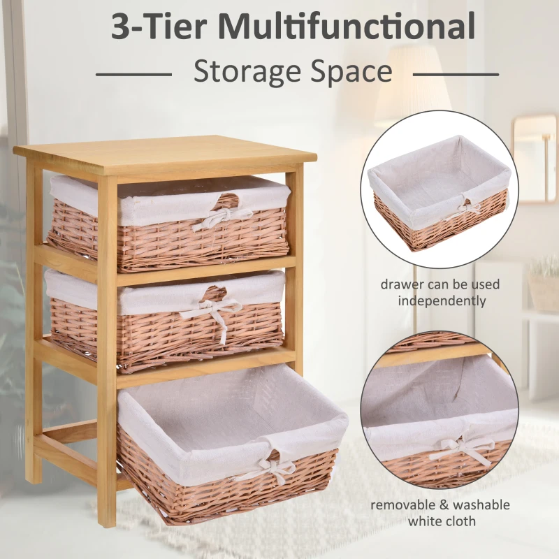 HOMCOM 3 Drawer Dresser Wicker Basket Storage Shelf Unit Wooden Frame Home Organisation Cabinet Bedroom Office Furniture Natural Finish