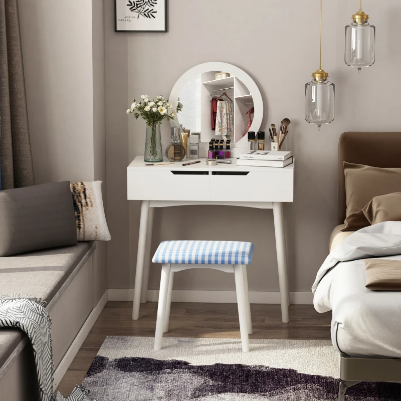 HOMCOM Pine Wood Dressing Table w/ Stool White/Oak