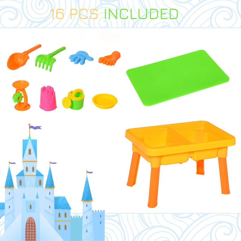 HOMCOM Sand and Water Table 16 pcs Beach Toy Set 2 in 1 Outdoor Activities Playset
