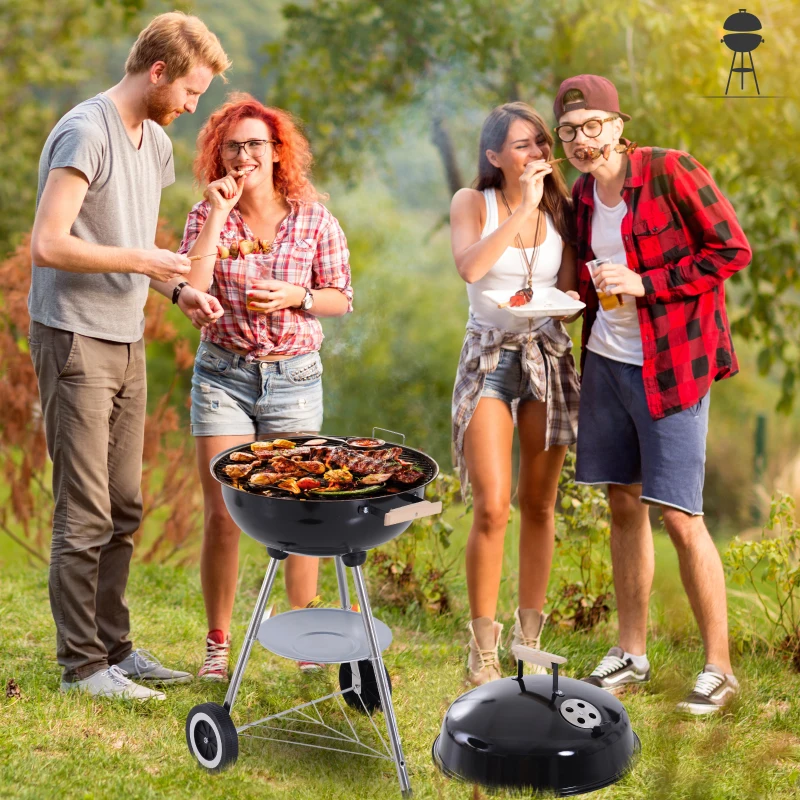 Outsunny Outdoor Portable Round Charcoal BBQ Grill with Wooden Handle, Bottom Shelves, Easy Cleaning for Party Patio