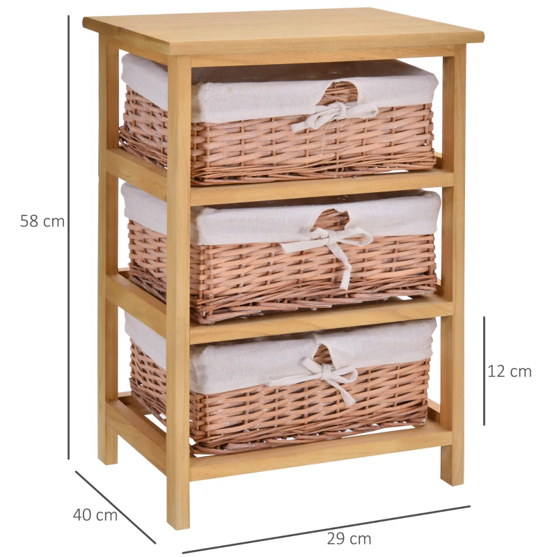 HOMCOM 3 Drawer Dresser Wicker Basket Storage Shelf Unit Wooden Frame Home Organisation Cabinet Bedroom Office Furniture Natural Finish