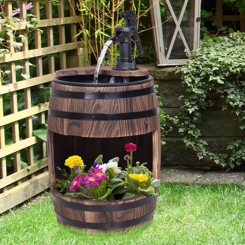 Outsunny Wood Barrel Pump Fountain Water Feature w/ Flower Planter Garden Decor
