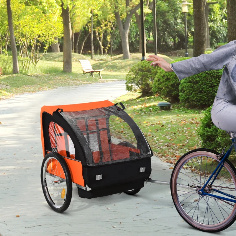 HOMCOM 2 Seat Bike Trailer Bicycle wagon for Kids Child Steel Frame Safety Harness Seat Carrier Orange Black 130 x 76 x 88 cm