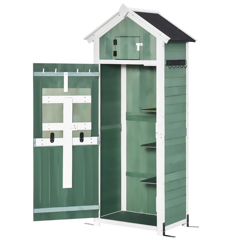 Outsunny Garden Wood Storage Shed with Workstation, Hooks, Asphalt Roof and Ground Nails