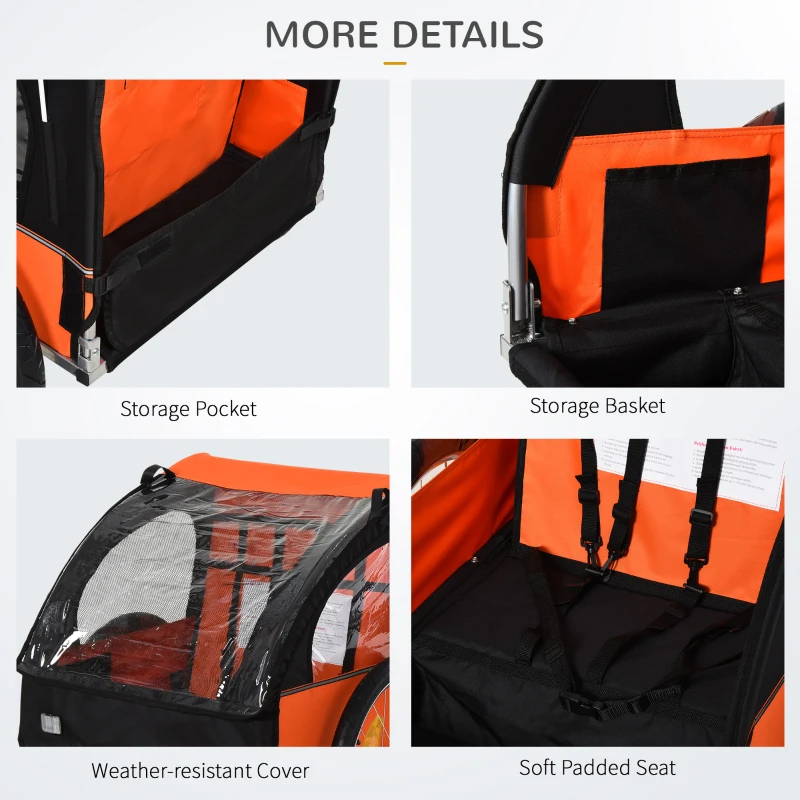 HOMCOM 2 Seat Bike Trailer Bicycle wagon for Kids Child Steel Frame Safety Harness Seat Carrier Orange Black 130 x 76 x 88 cm