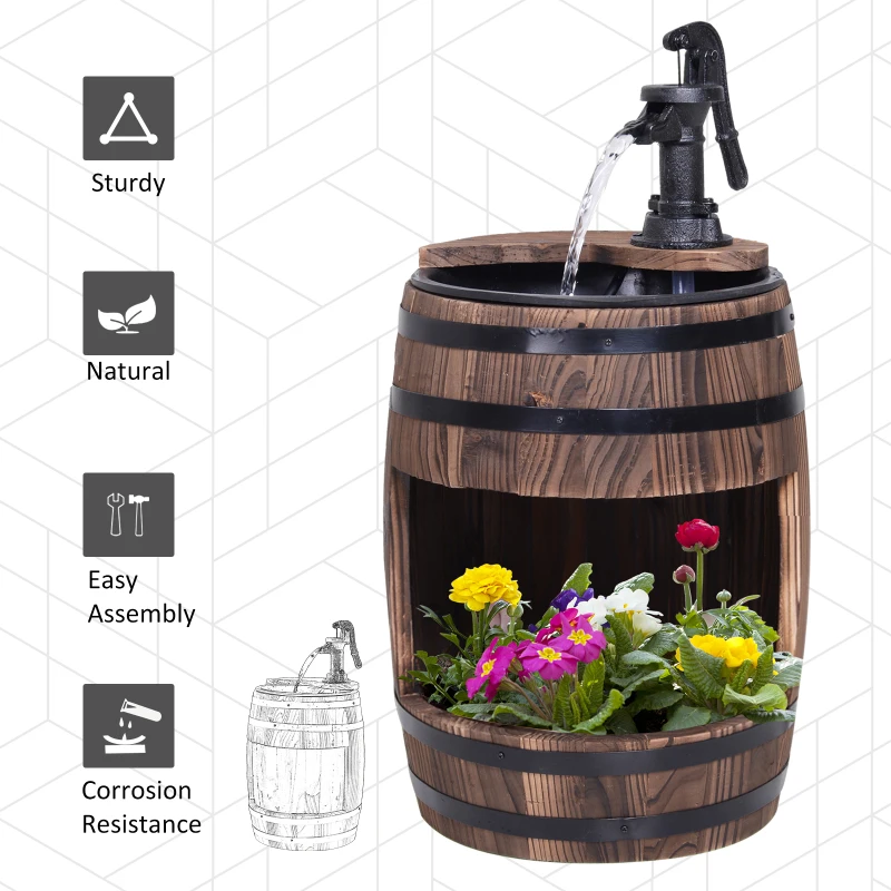Outsunny Wood Barrel Pump Fountain Water Feature w/ Flower Planter Garden Decor