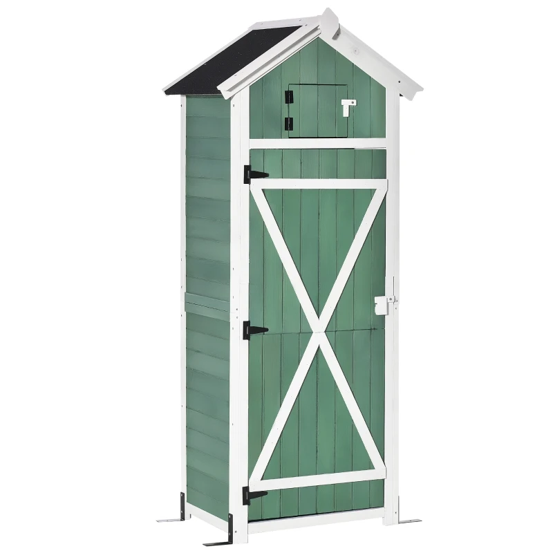Outsunny Garden Wood Storage Shed with Workstation, Hooks, Asphalt Roof and Ground Nails
