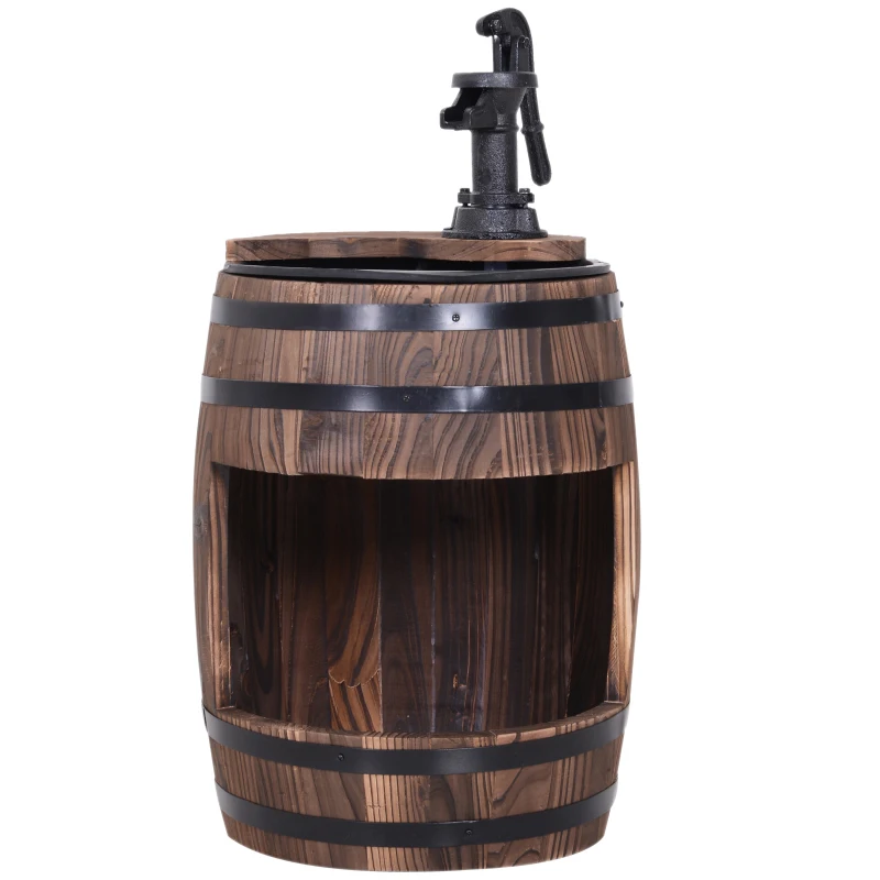 Outsunny Wood Barrel Pump Fountain Water Feature w/ Flower Planter Garden Decor