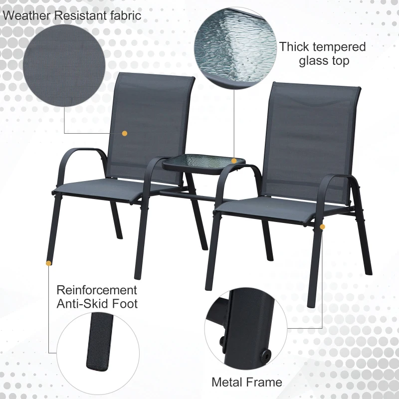 Outsunny Steel Frame Outdoor Garden Armchair Bench w/ Middle Table Black