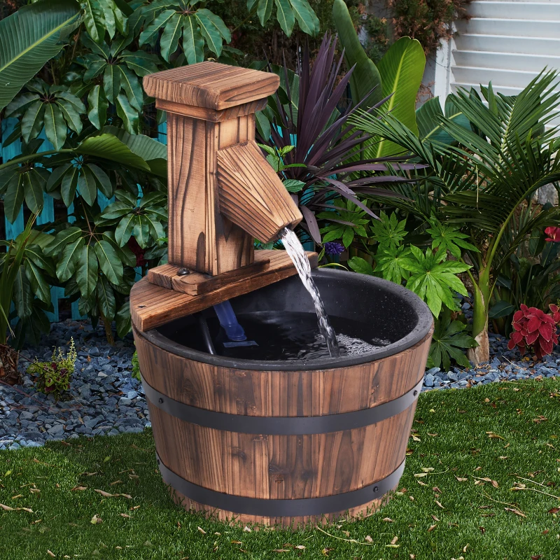 Outsunny Wood Barrel Pump Patio Water Fountain Water Feature Electric Garden