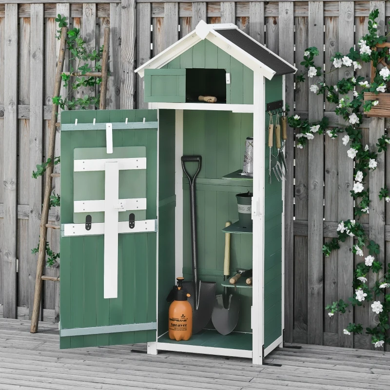 Outsunny Garden Wood Storage Shed with Workstation, Hooks, Asphalt Roof and Ground Nails