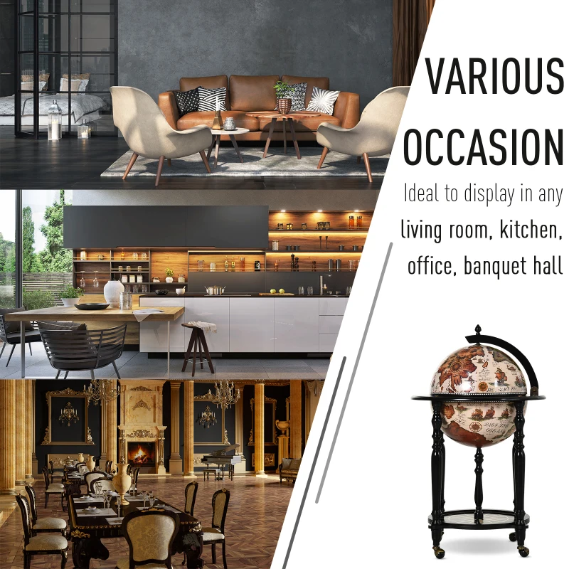 HOMCOM MDF Tri-Compartment Retro Globe Drinks Cabinet Brown