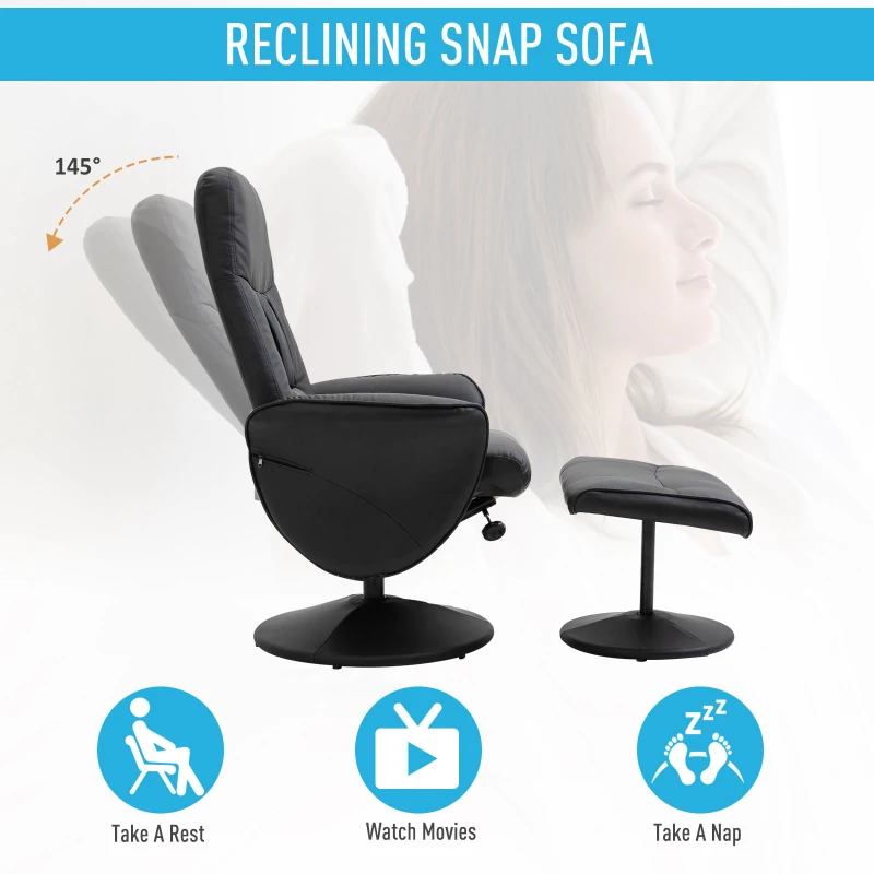 HOMCOM PU Leather Recliner Armchair & Footrest 2 Pcs Duo Set Black