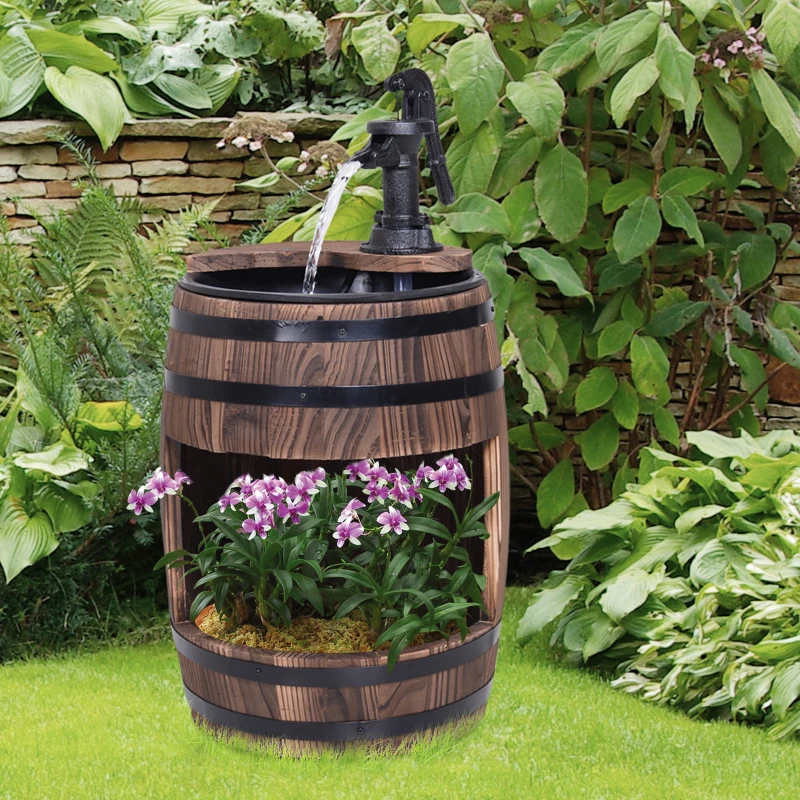 Outsunny Wood Barrel Pump Fountain Water Feature w/ Flower Planter Garden Decor