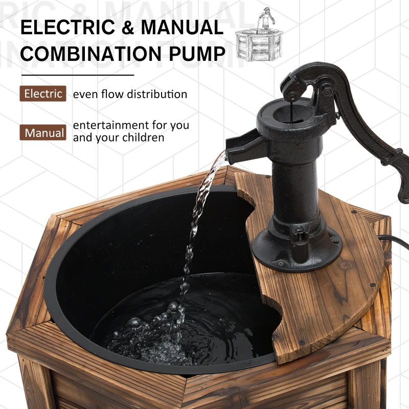 Outsunny Wooden Electric Water Fountain Garden Ornament w/ Hand Pump Plastic Well Vintage