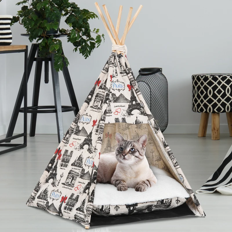 PawHut Portable Pet Teepee Tent Foldable Cat Bed Dog House Kennels Washable Cushion