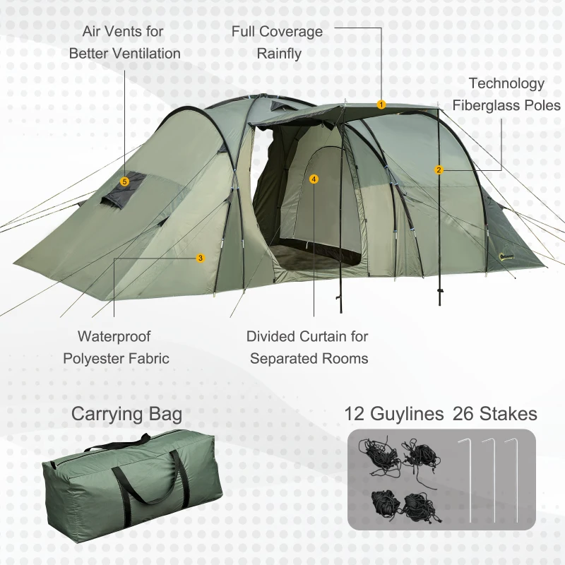 Outsunny 5 Man Camping Tent Family Friends Outdoor Shelter w/ Rainfly 3 Rooms Carry Bag
