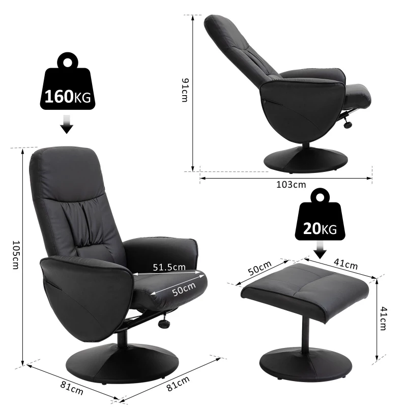 HOMCOM PU Leather Recliner Armchair & Footrest 2 Pcs Duo Set Black