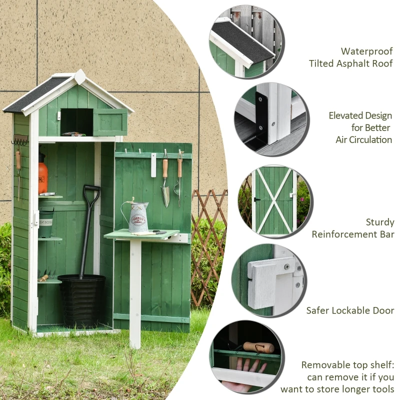 Outsunny Garden Wood Storage Shed with Workstation, Hooks, Asphalt Roof and Ground Nails