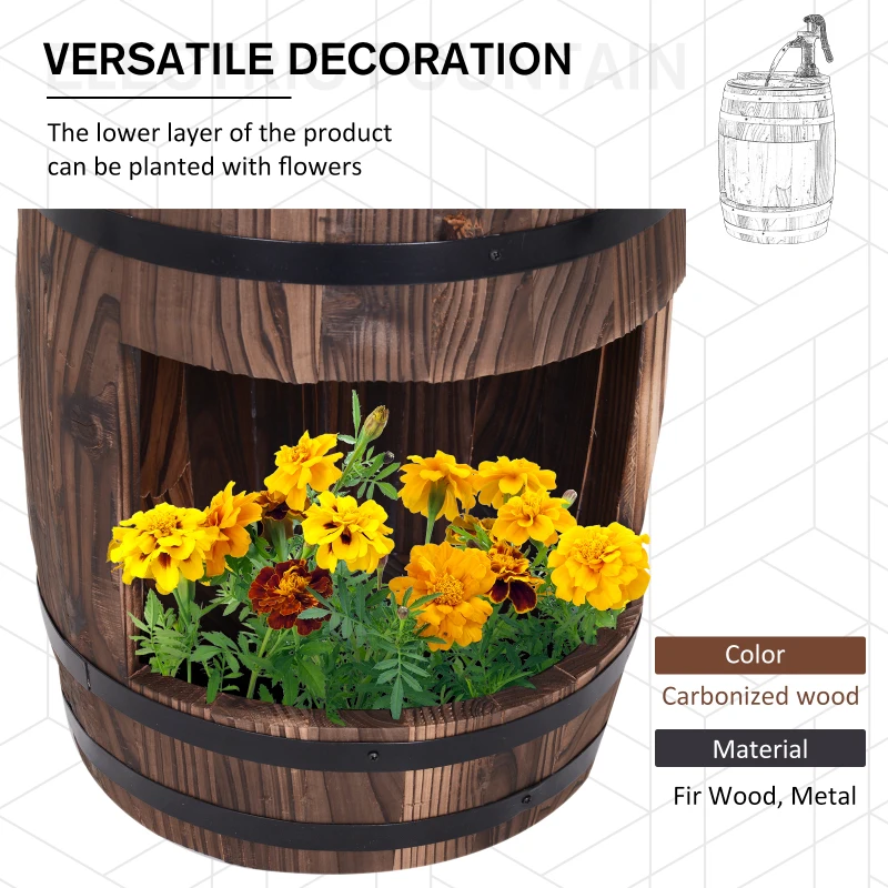Outsunny Wood Barrel Pump Fountain Water Feature w/ Flower Planter Garden Decor