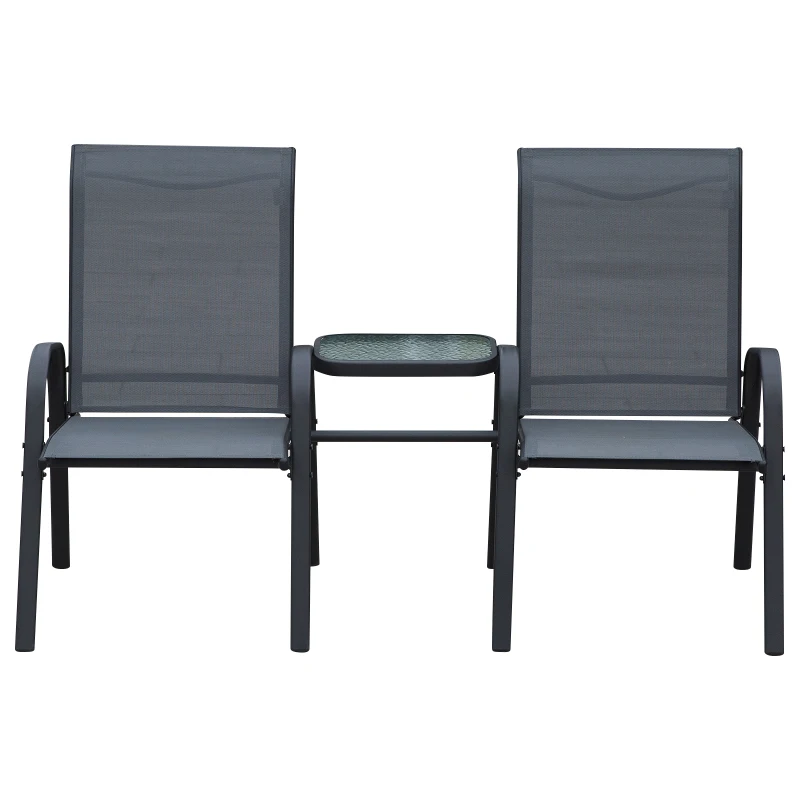 Outsunny Steel Frame Outdoor Garden Armchair Bench w/ Middle Table Black