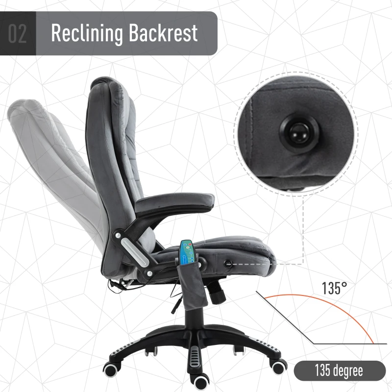 Vinsetto Faux Velvet Reclining Heated Massage Office Chair Grey