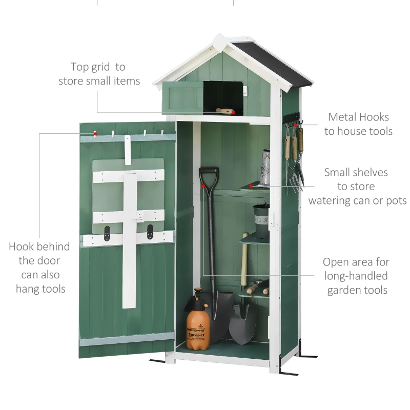 Outsunny Garden Wood Storage Shed with Workstation, Hooks, Asphalt Roof and Ground Nails