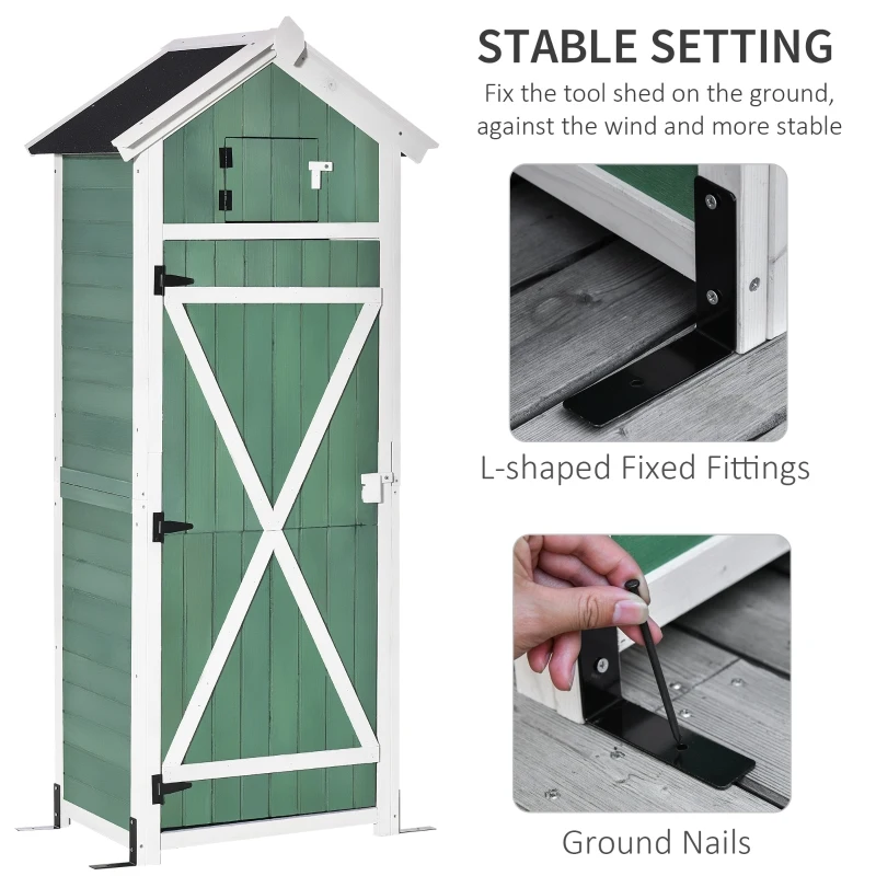 Outsunny Garden Wood Storage Shed with Workstation, Hooks, Asphalt Roof and Ground Nails