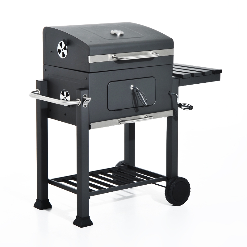 Outsunny Portable Charcoal BBQ Grill W/ Shelf and Wheels-Grey