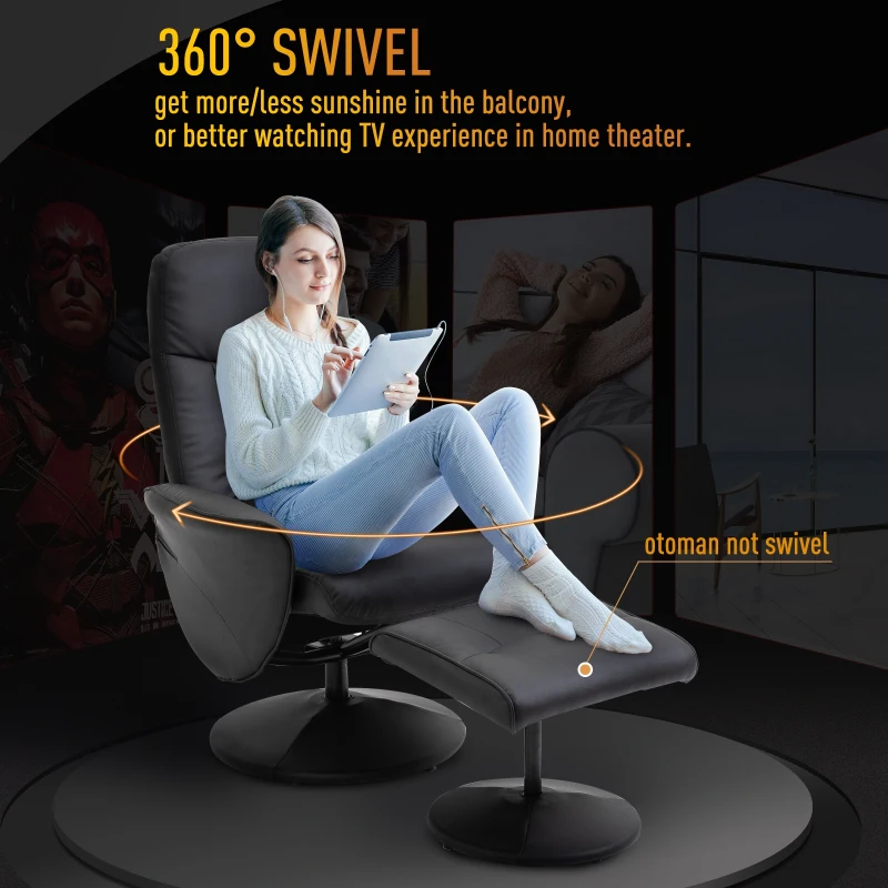 HOMCOM PU Leather Recliner Armchair & Footrest 2 Pcs Duo Set Black