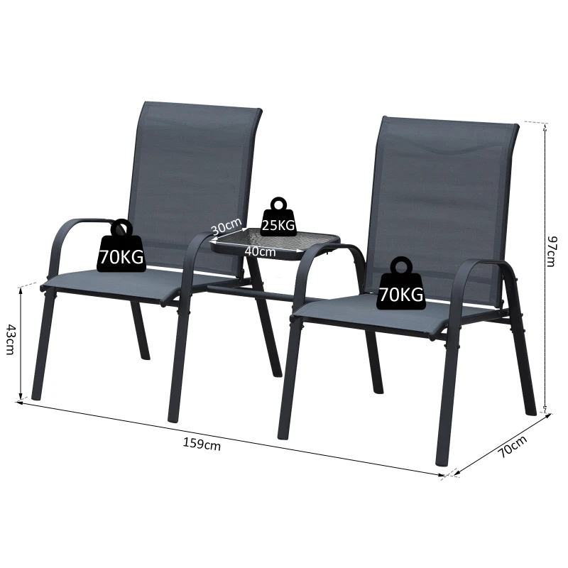 Outsunny Steel Frame Outdoor Garden Armchair Bench w/ Middle Table Black